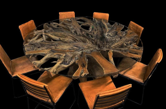 74.8" Glass Top Teak Dining Root Table