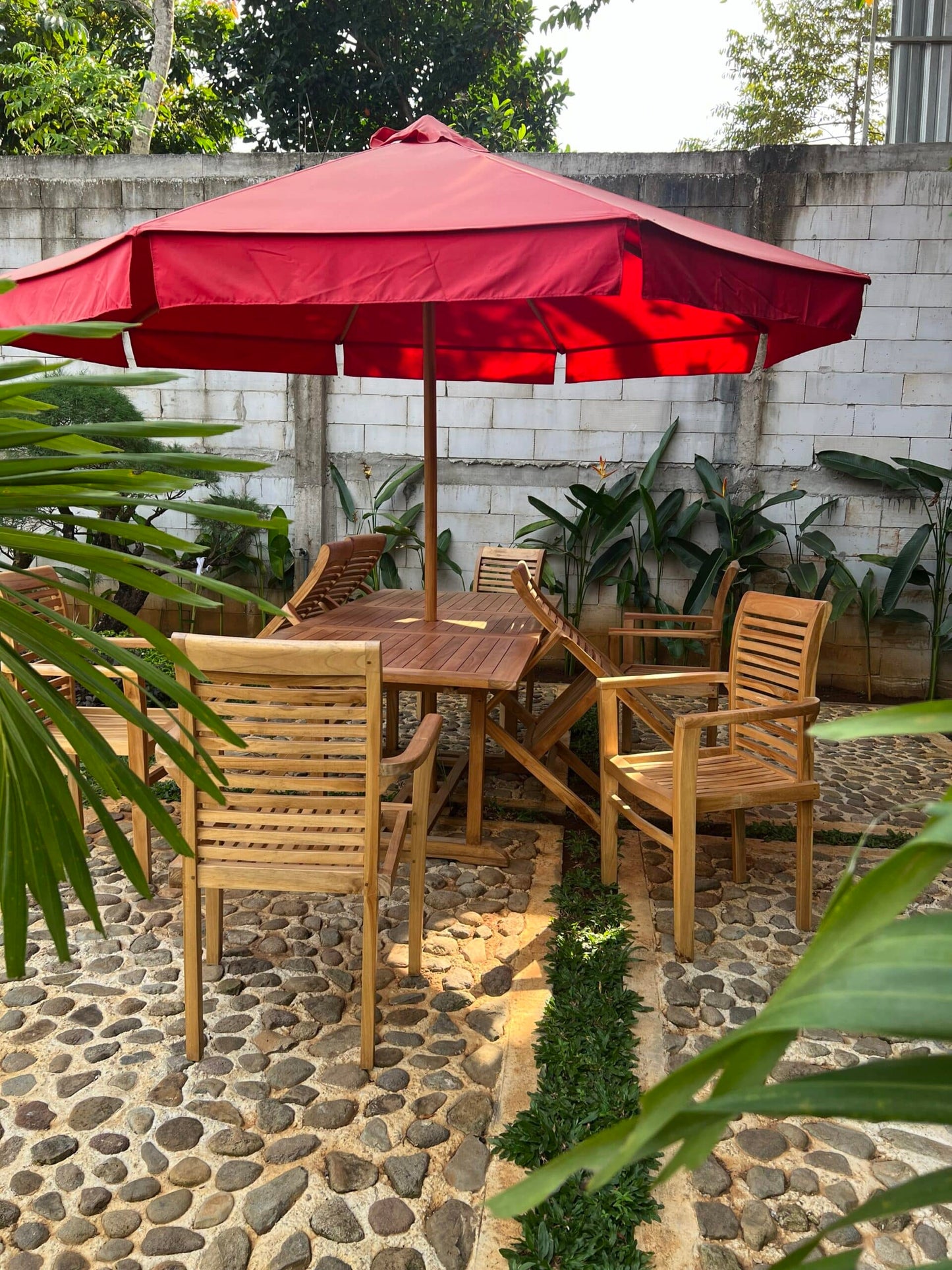 Teak Outdoor Umbrella Dining Set